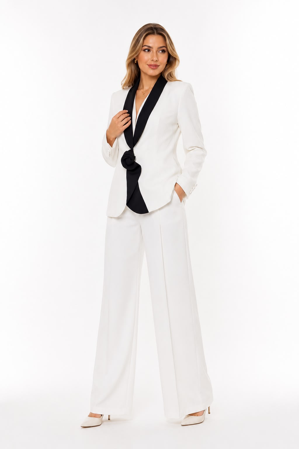 Contrast Lapel Blazer & Wide-Leg Pants Set - Luxe
