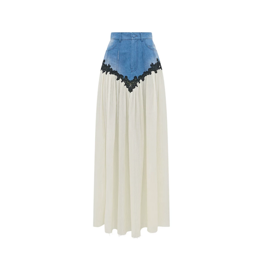 Denim Lace Pleated Maxi Skirt - Harmony