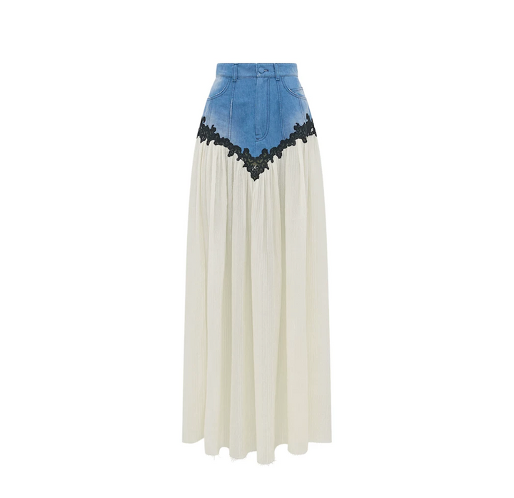 Denim Lace Pleated Maxi Skirt - Harmony