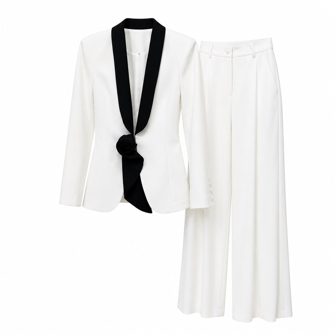 Contrast Lapel Blazer & Wide-Leg Pants Set - Luxe