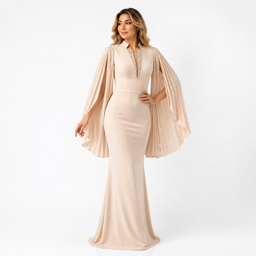 Embellished V-Neck Cape Sleeve Maxi Dress - Champagne