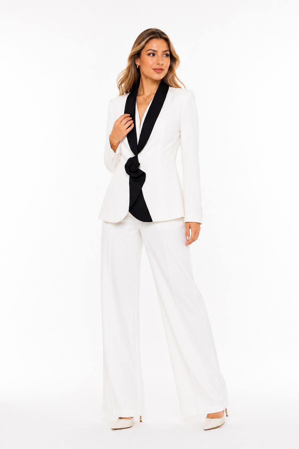 Contrast Lapel Blazer & Wide-Leg Pants Set - Luxe