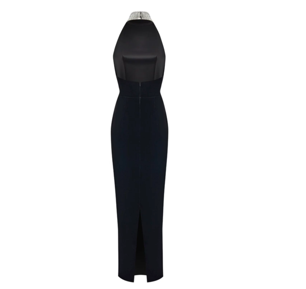 Embellished Halter Column Gown – Obsidian