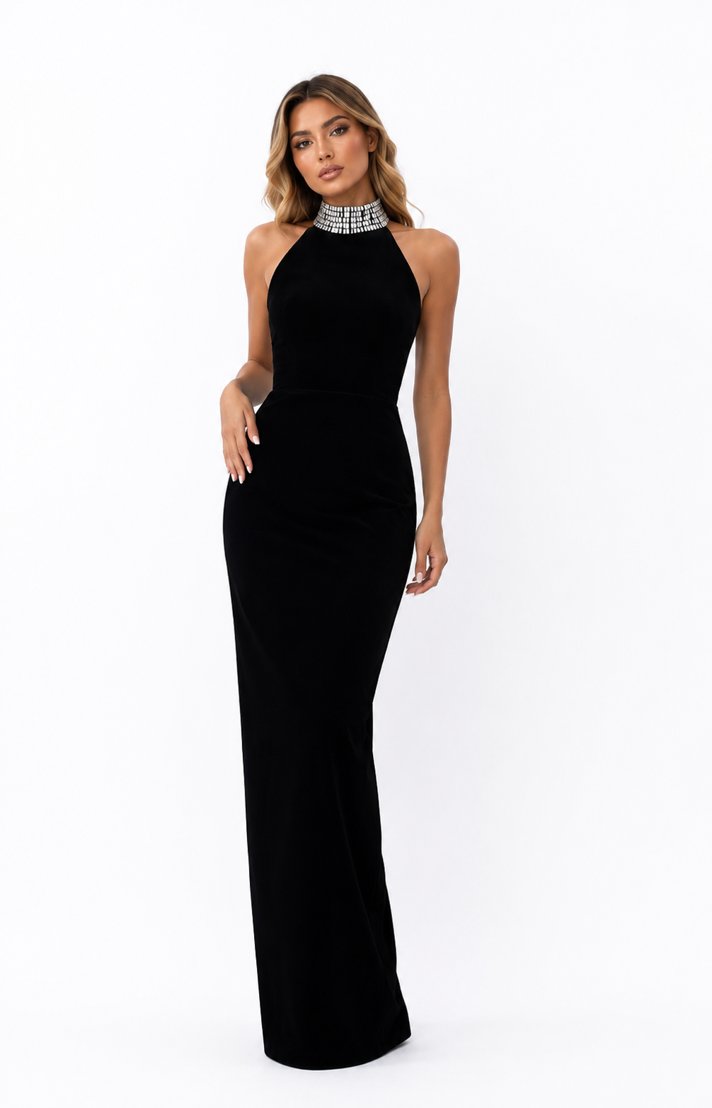 Embellished Halter Column Gown – Obsidian