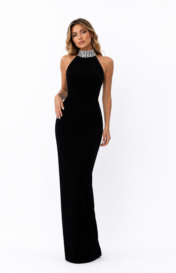 Embellished Halter Column Gown – Obsidian