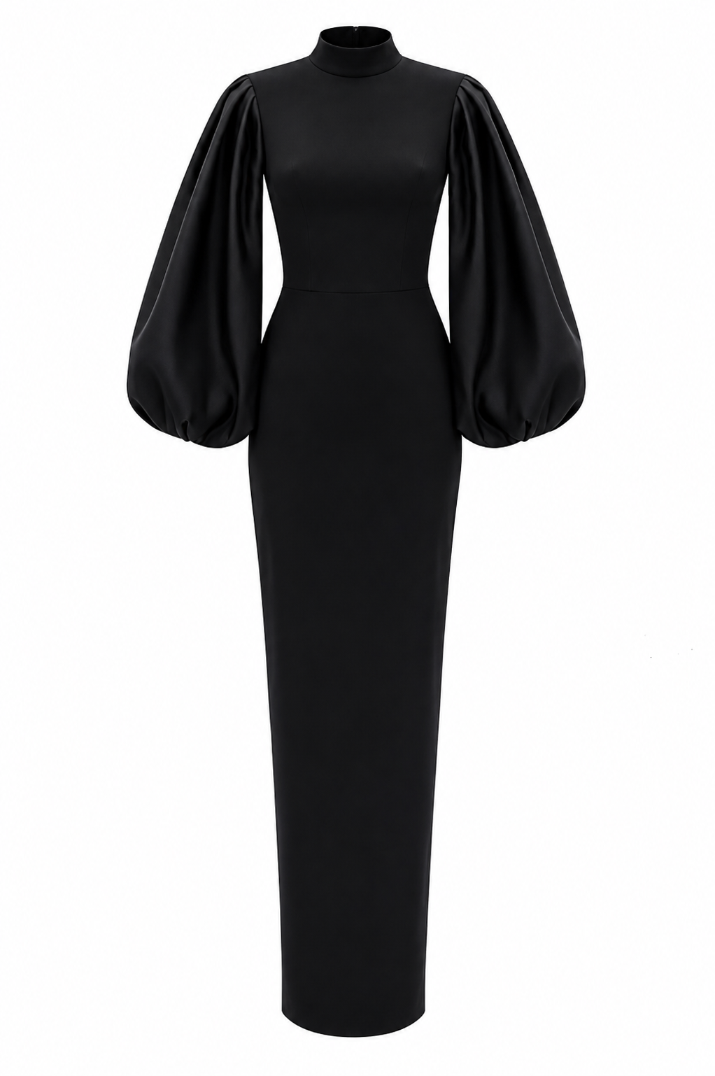 High-Neck Balloon-Sleeve Gown – Noir