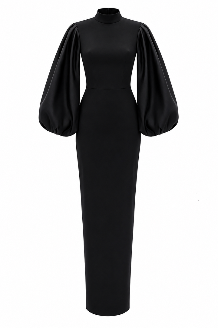 High-Neck Balloon-Sleeve Gown – Noir
