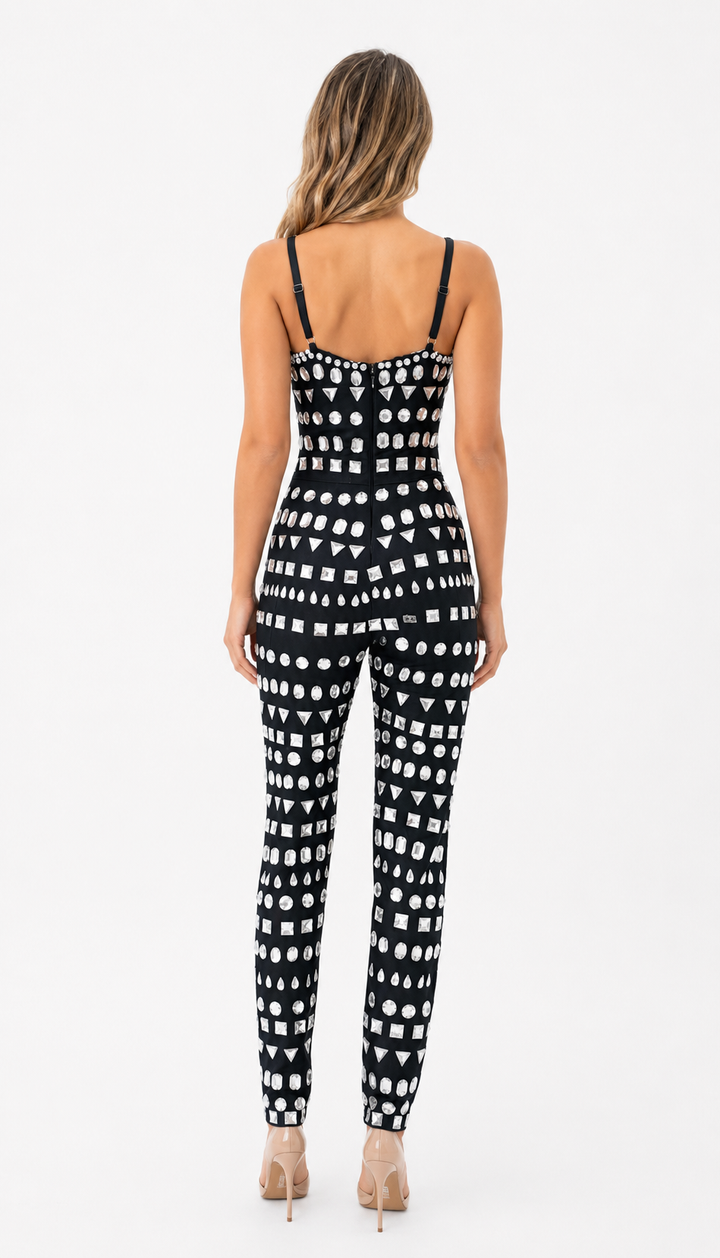 Crystal Embellished Black Jumpsuit - Glamour