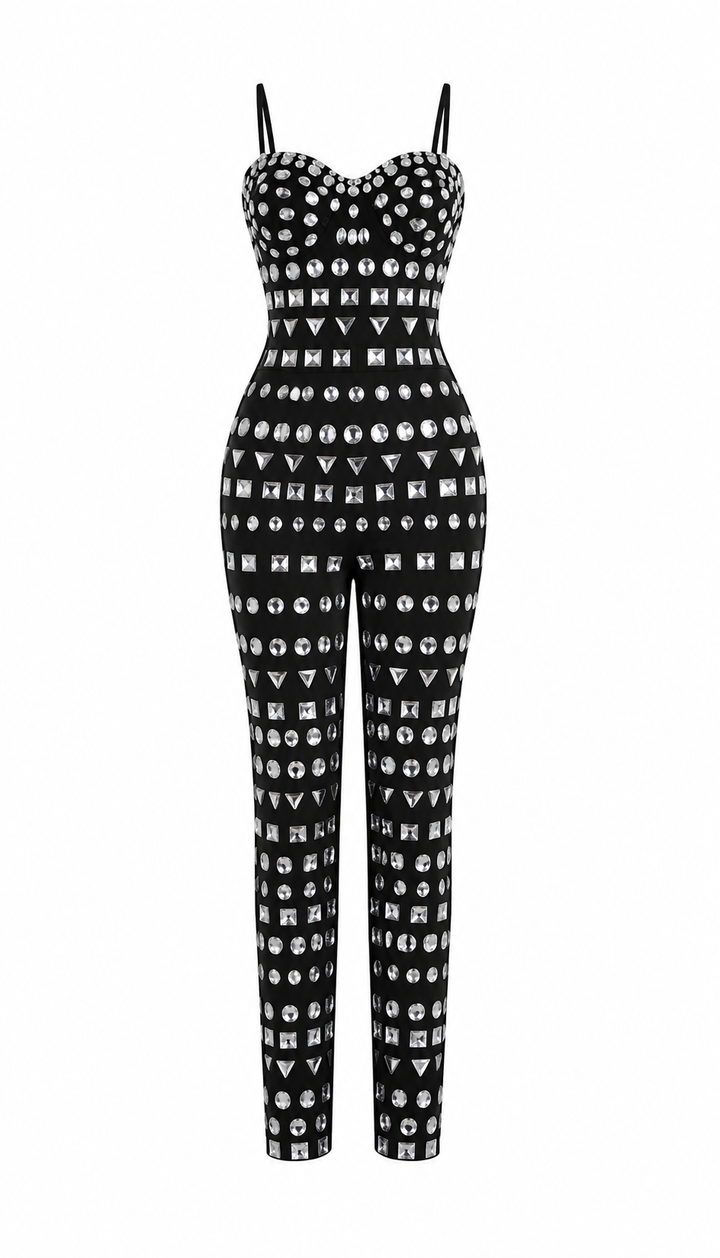 Crystal Embellished Black Jumpsuit - Glamour