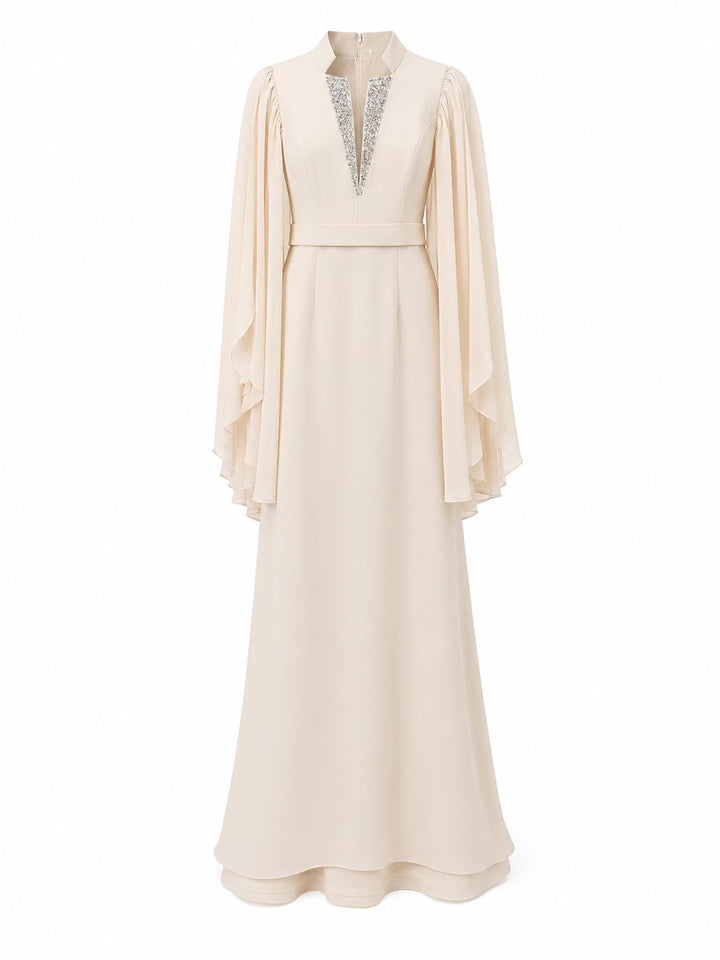 Embellished V-Neck Cape Sleeve Maxi Dress - Champagne