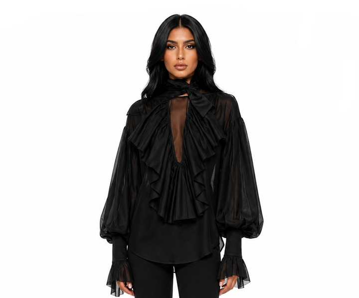 Ruffled Balloon-Sleeve Blouse – Midnight
