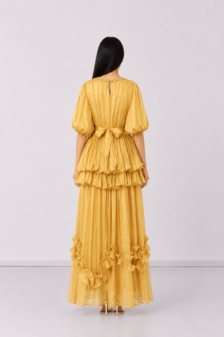 Golden Ruffle Maxi Dress - Glamour