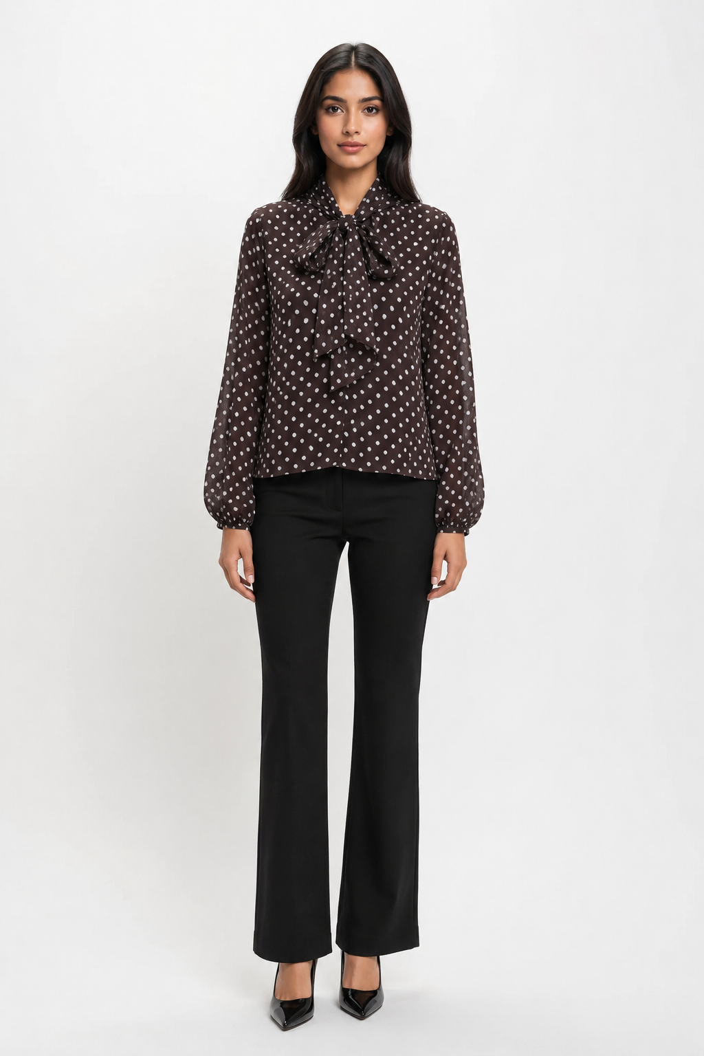 Mocha Polka Dot Bow Blouse - Vintage