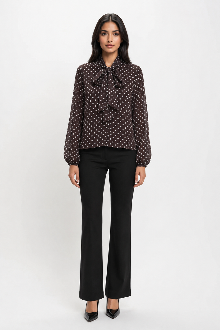 Mocha Polka Dot Bow Blouse - Vintage