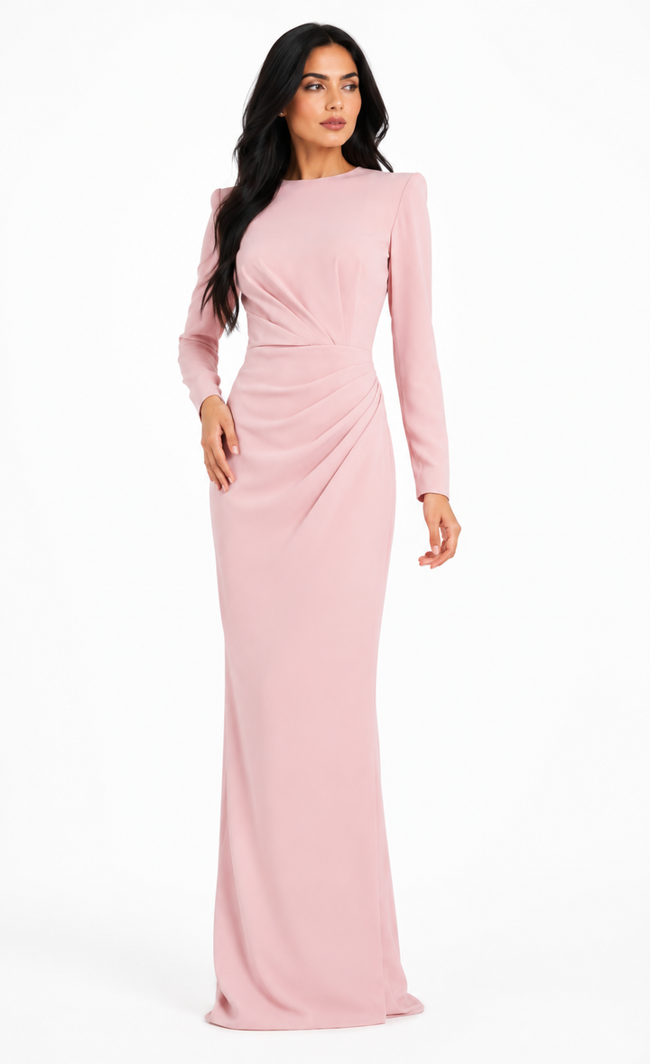 Ruched Long Sleeve Maxi Dress - Blush
