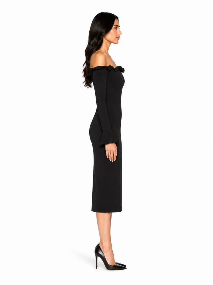 Black Off-Shoulder Ruffle Midi Dress – Noiré