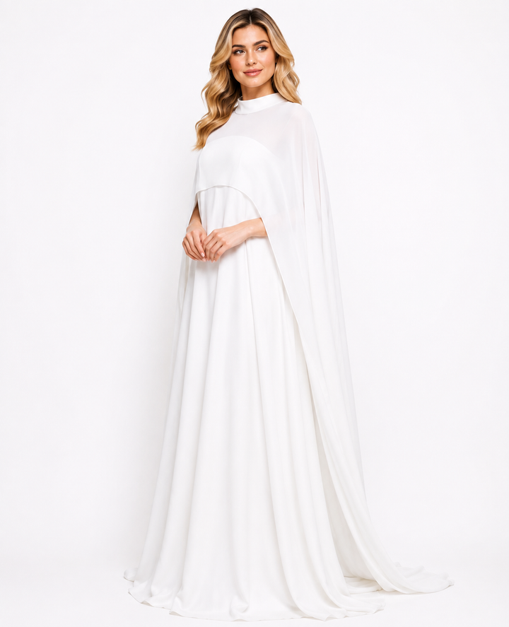 White High-Neck Cape Evening Gown – Serene