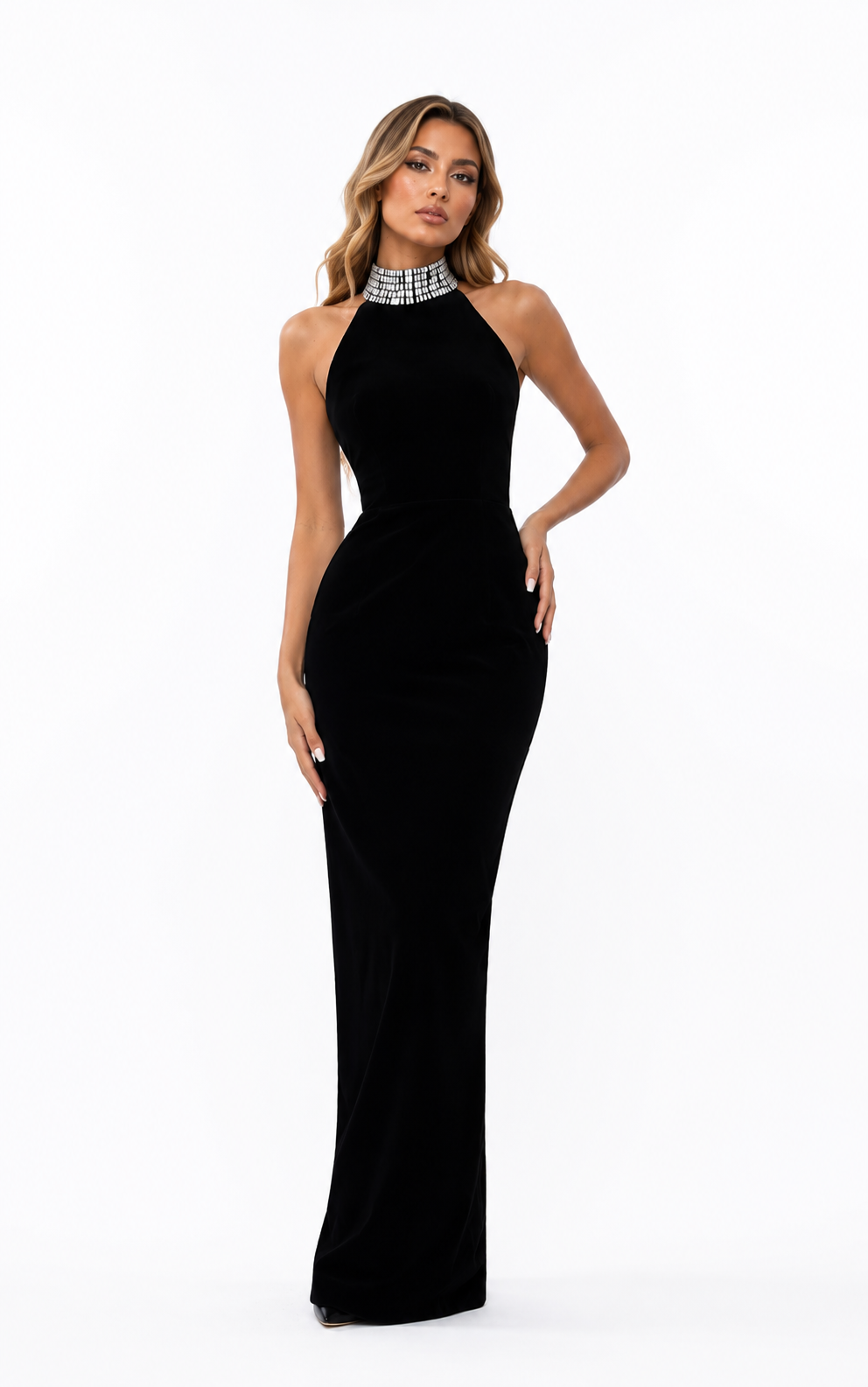 Embellished Halter Column Gown – Obsidian