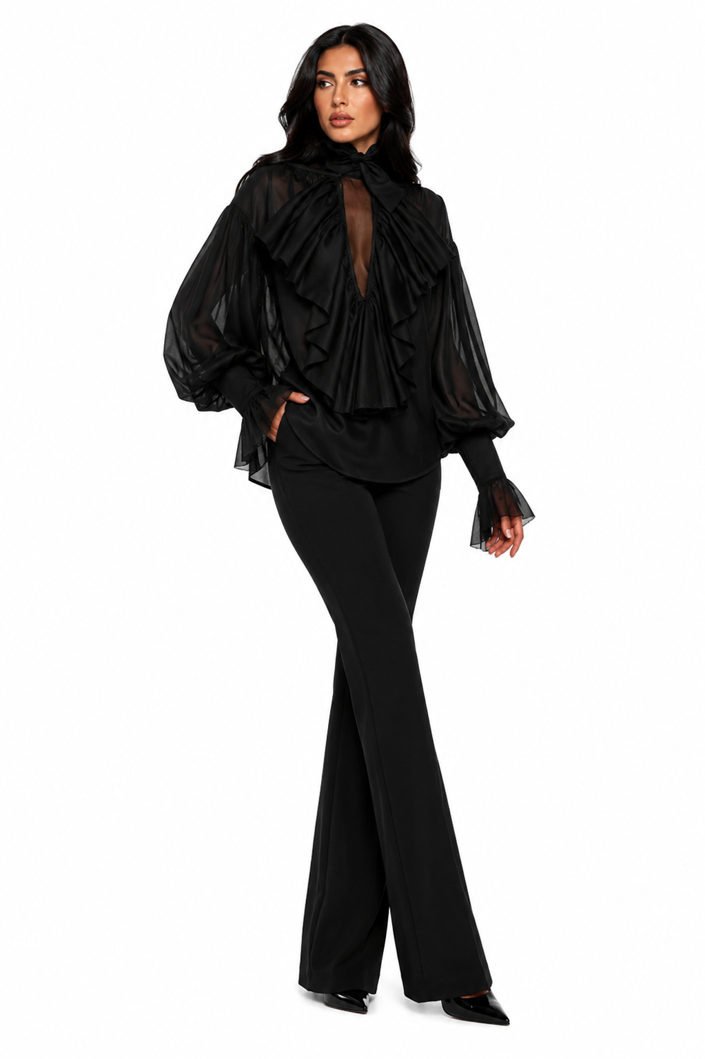 Ruffled Balloon-Sleeve Blouse – Midnight