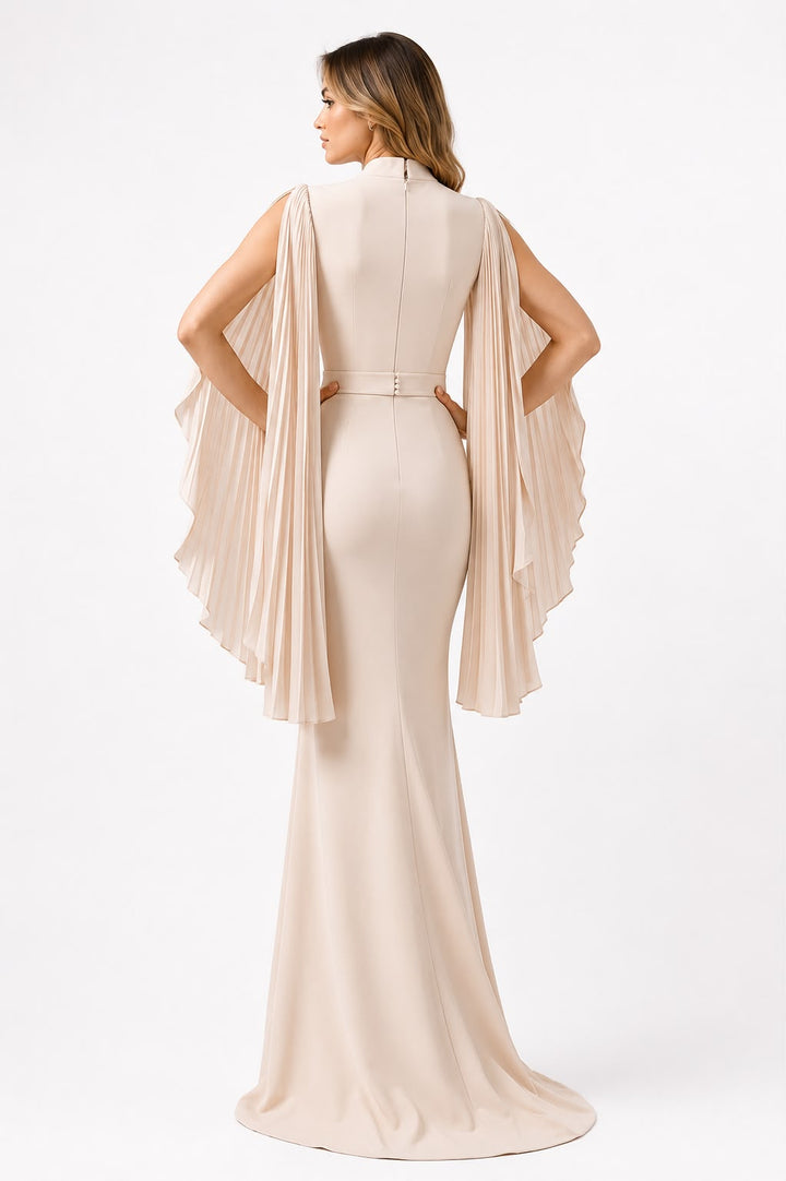 Embellished V-Neck Cape Sleeve Maxi Dress - Champagne