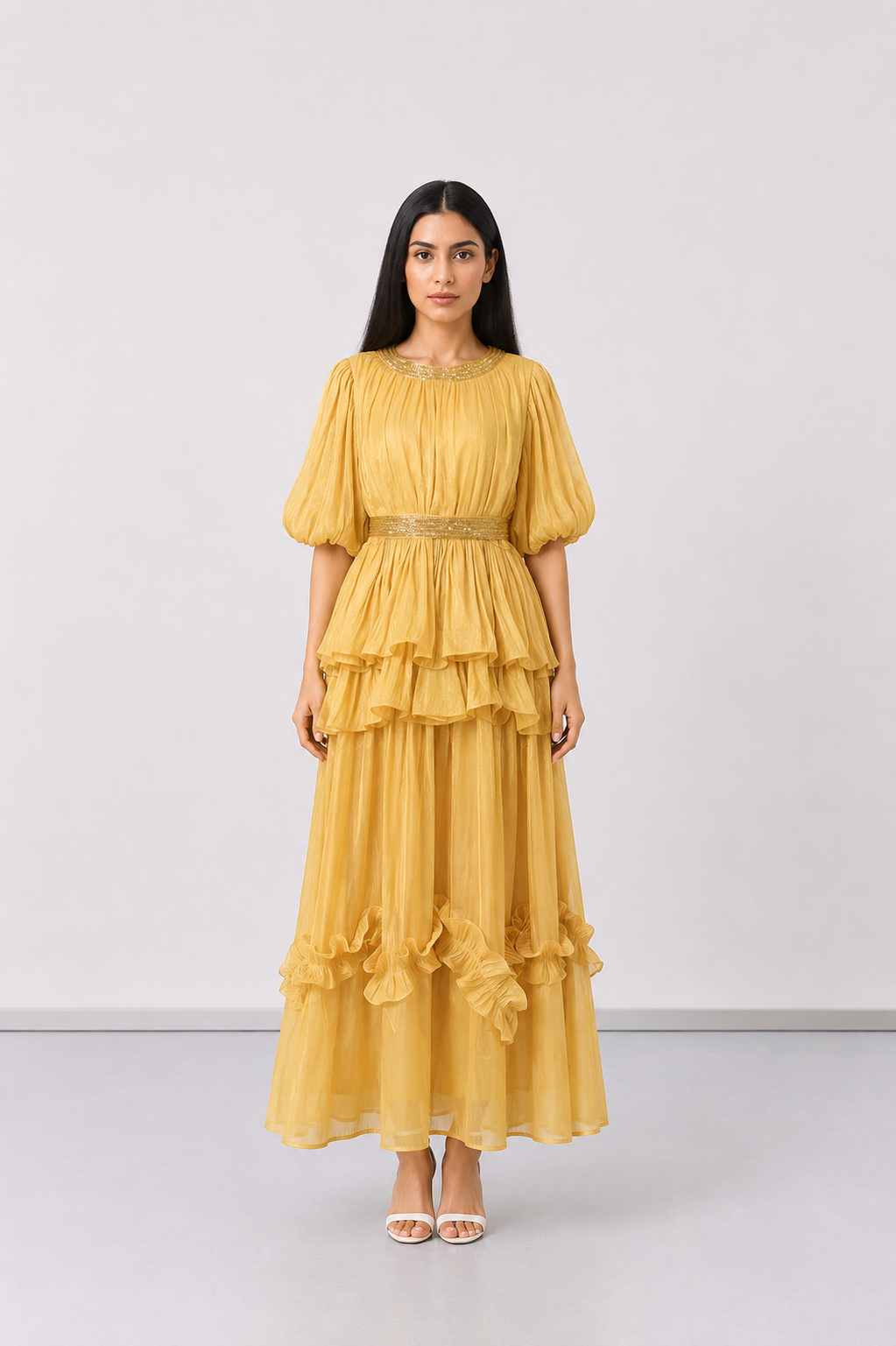 Golden Ruffle Maxi Dress - Glamour