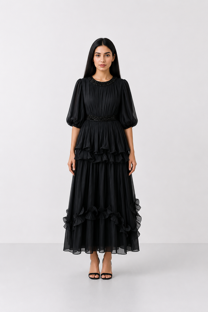 Golden Ruffle Maxi Dress - Glamour