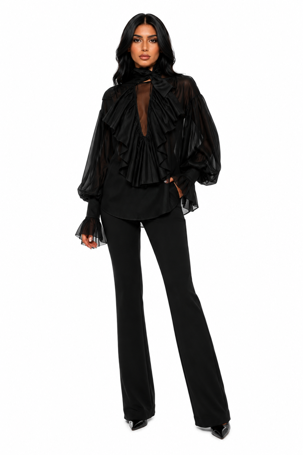 Ruffled Balloon-Sleeve Blouse – Midnight