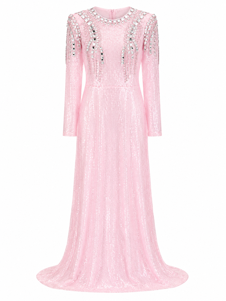 Mirror Embellished Sequin Gown - Blush