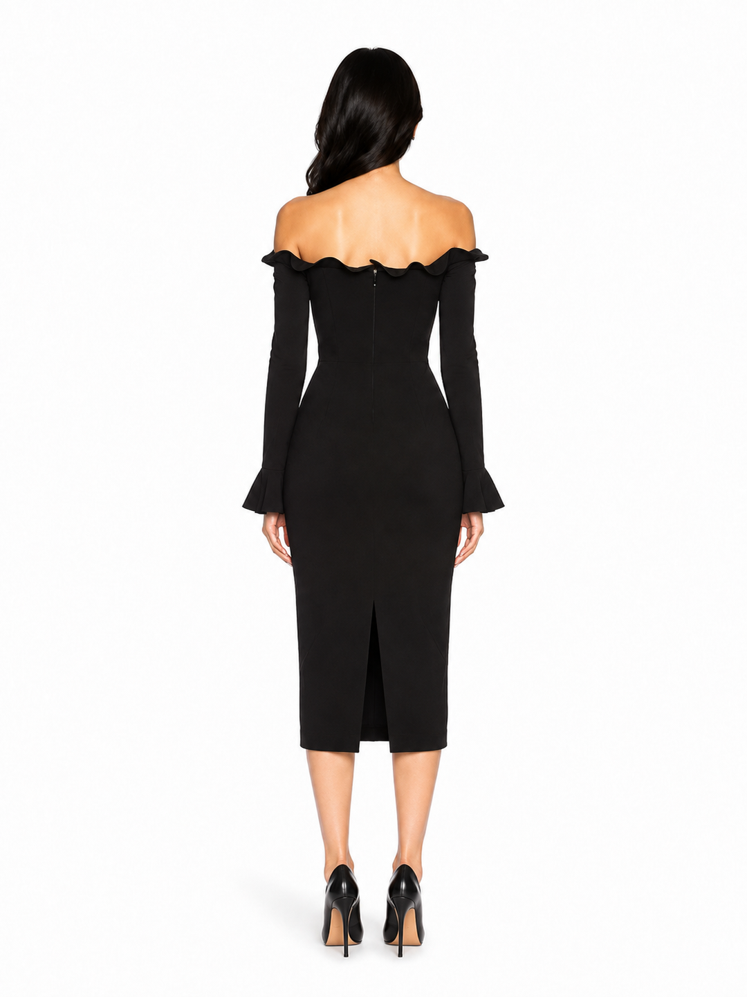 Black Off-Shoulder Ruffle Midi Dress – Noiré