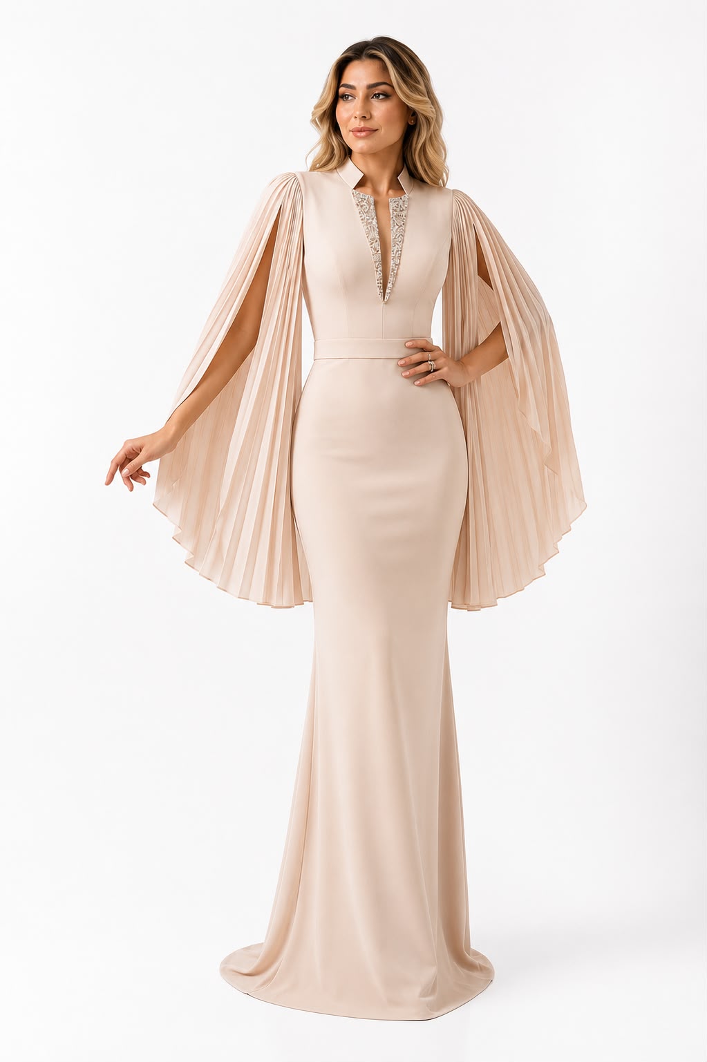 Embellished V-Neck Cape Sleeve Maxi Dress - Champagne