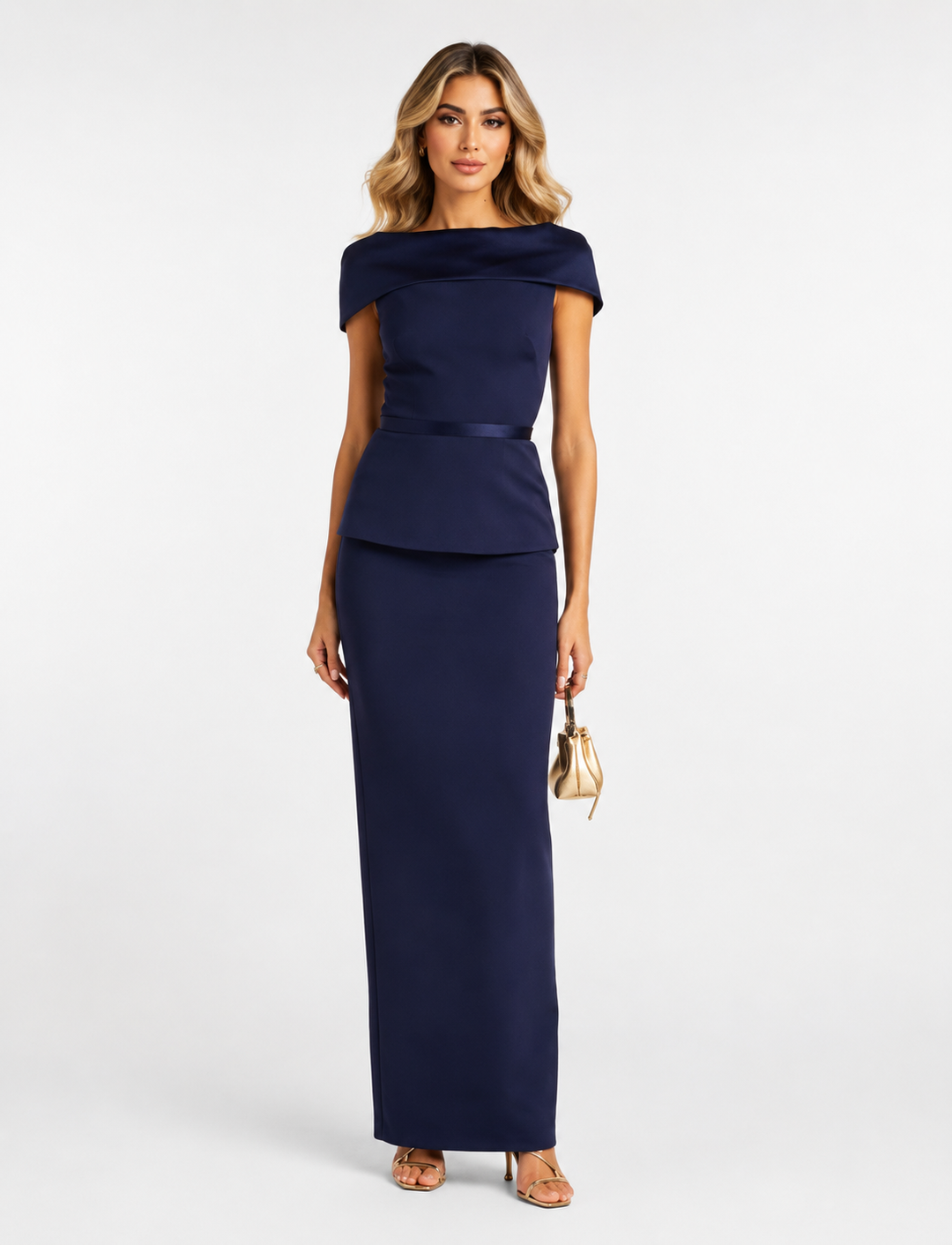 Folded Off-Shoulder Peplum Gown - Midnight