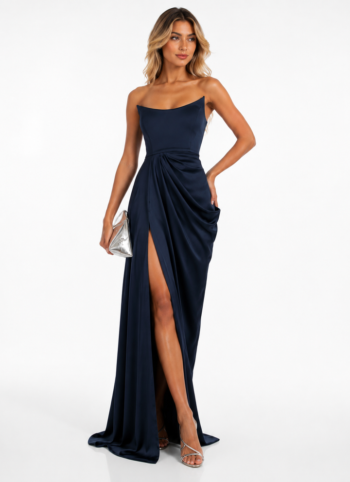 Strapless Draped Satin Gown – Midnight