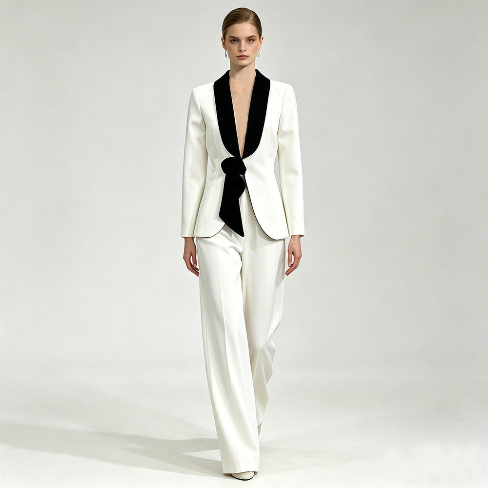 Contrast Lapel Blazer & Wide-Leg Pants Set - Luxe