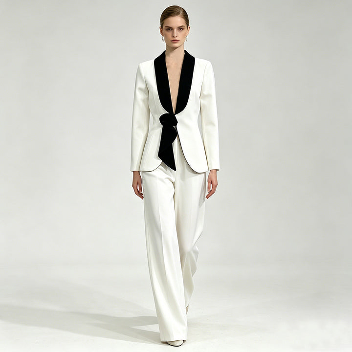 Contrast Lapel Blazer & Wide-Leg Pants Set - Luxe