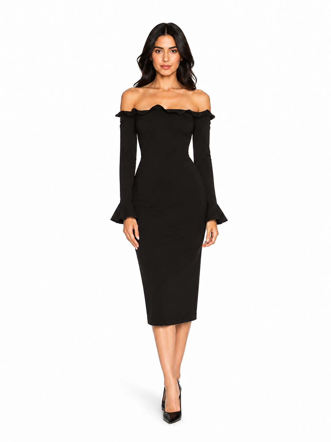 Black Off-Shoulder Ruffle Midi Dress – Noiré