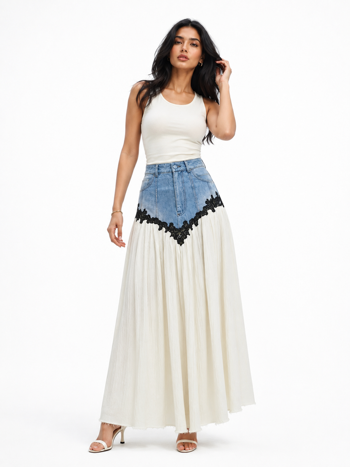 Denim Lace Pleated Maxi Skirt - Harmony