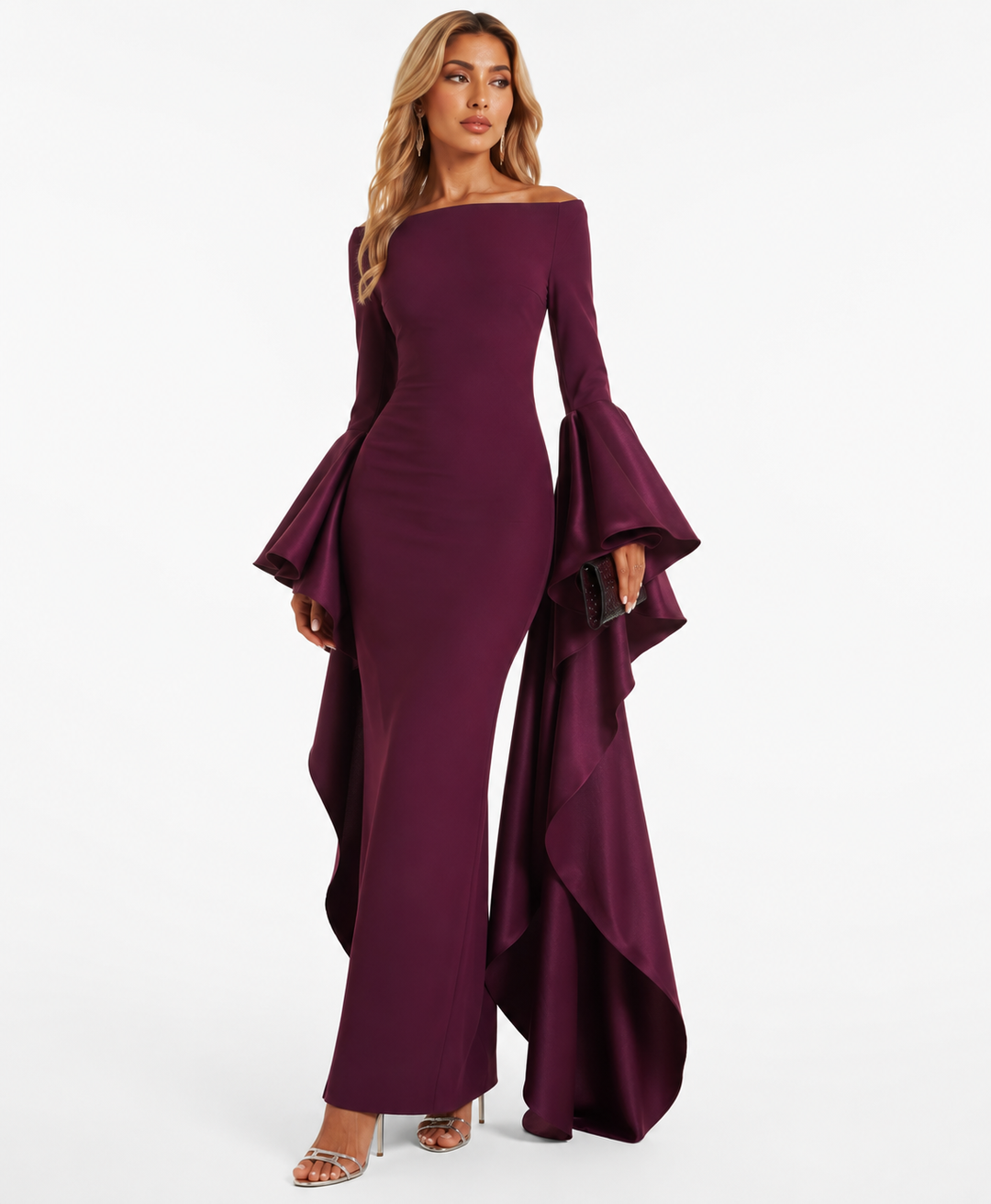 Dramatic Ruffle-Sleeve Gown - Merlot