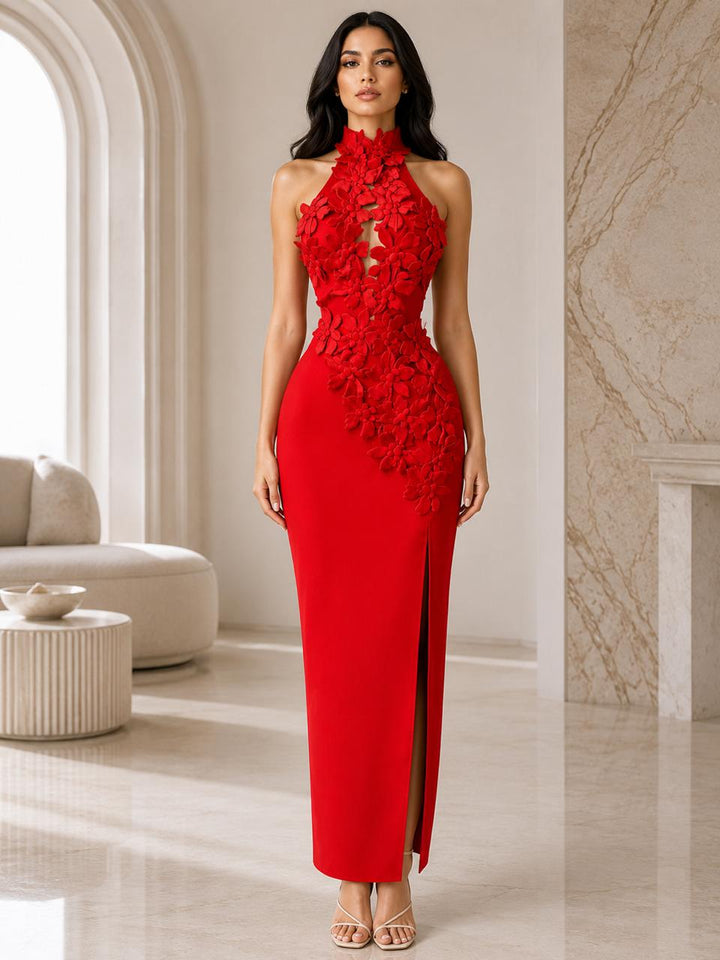 Floral Appliqué Halter Gown - Blossome