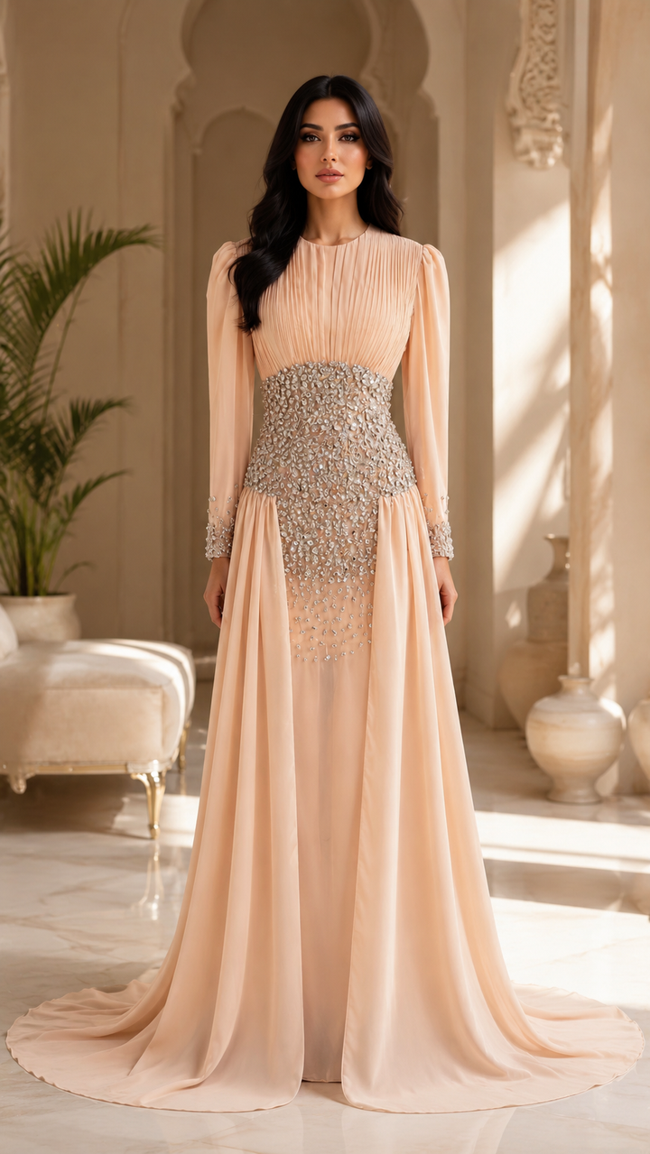 Blush Embellished Chiffon Cape Gown - Aurelia