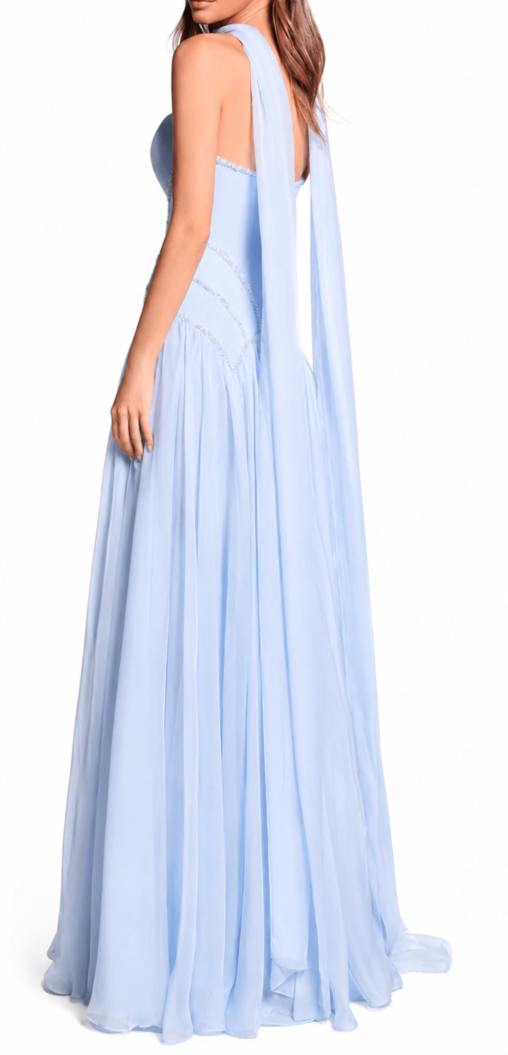 strapless corset dress with flowing chiffon skirt and scarf detail – SKY