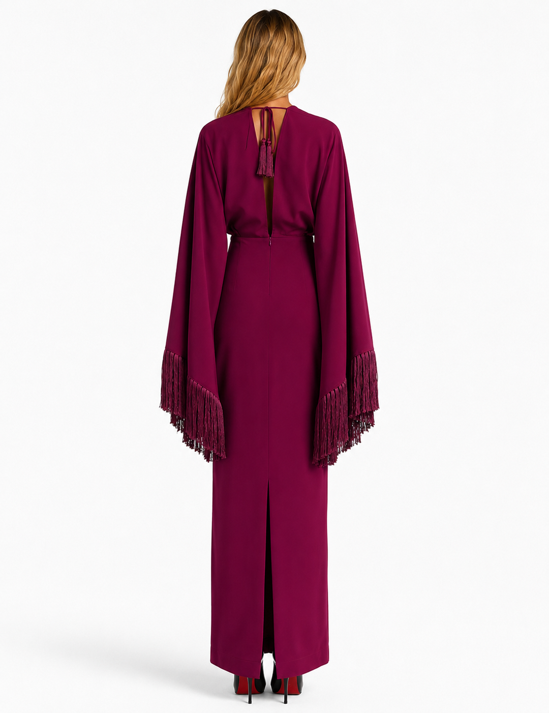 Magenta Fringe Sleeve Evening Gown - Amara