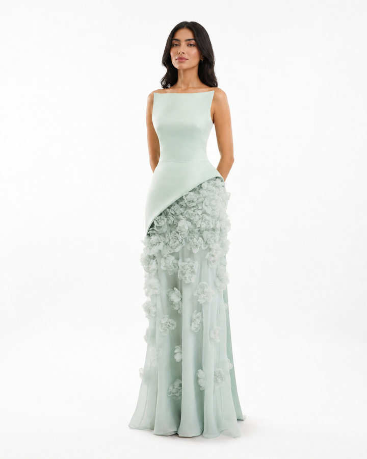 Floral Embellished Mint Evening Gown - SERÉLLE
