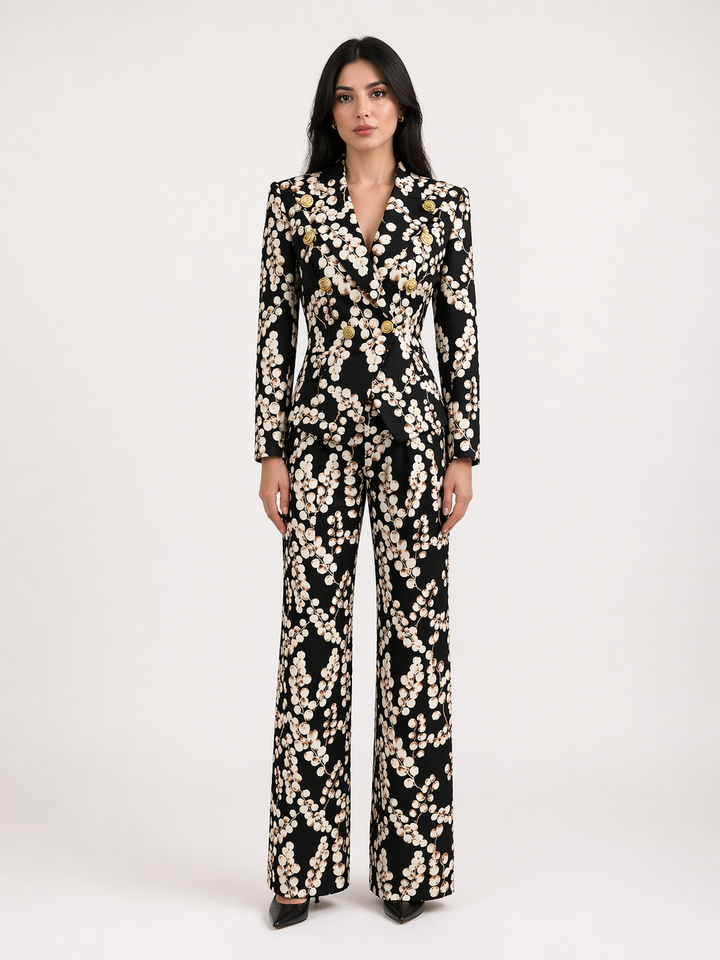 Black Floral Print Blazer and Straight-Leg Pants Set with Gold Button Detail - FLORENTIA