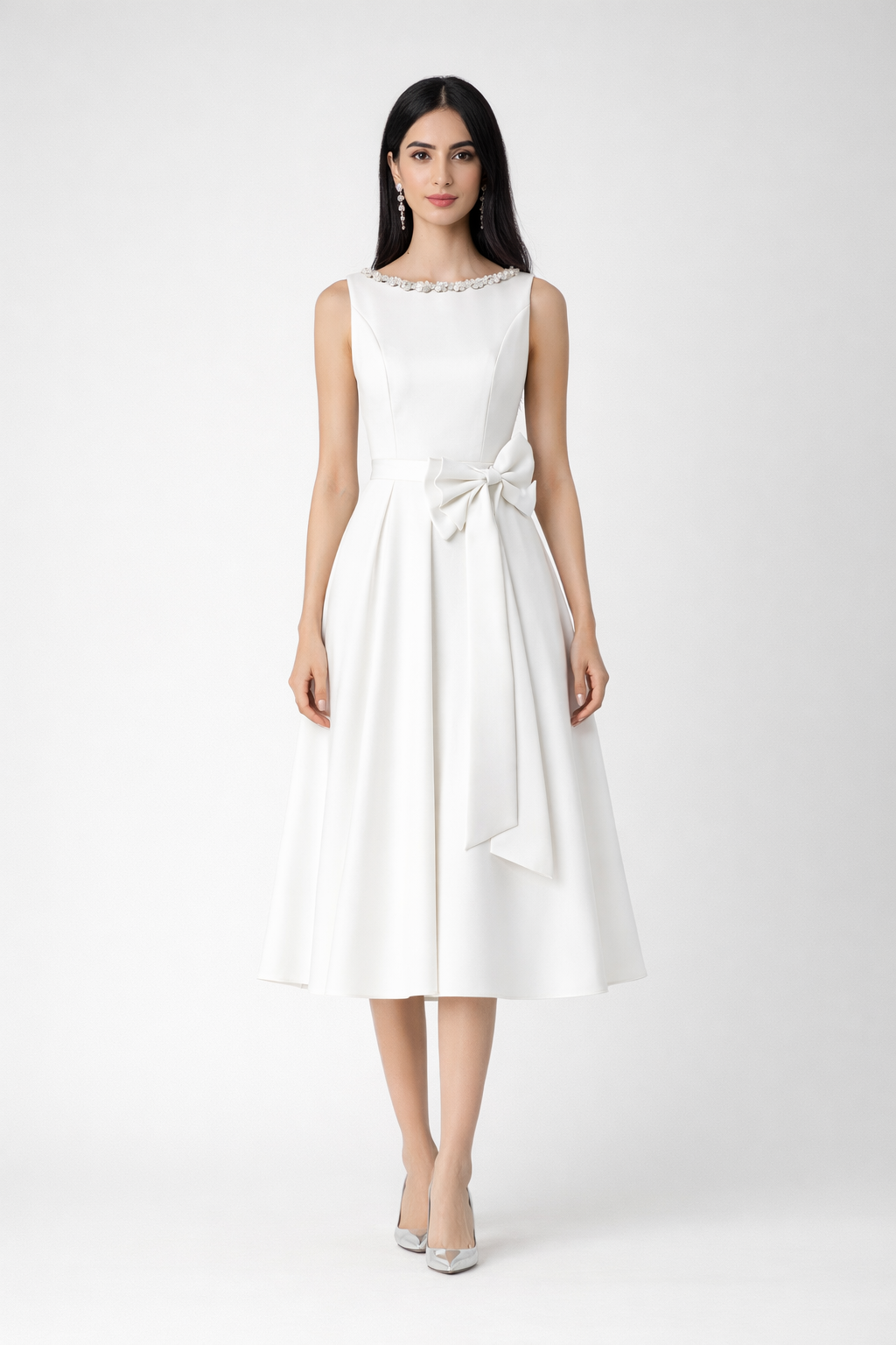 sleeveless A-line midi dress with side bow detail – PEARL