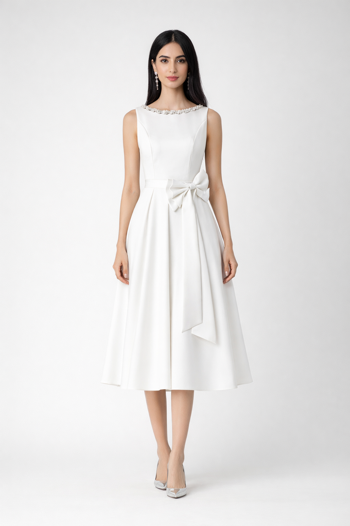 sleeveless A-line midi dress with side bow detail – PEARL
