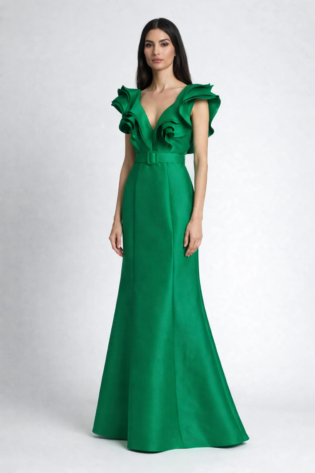 ruffled v-neck mermaid dress with belt – EMERALD