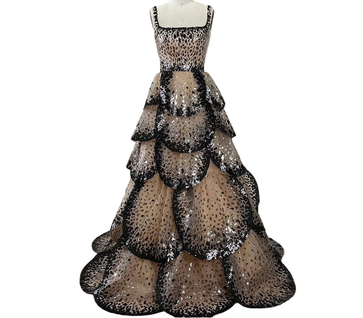 long sleeve ball gown with layered leopard sequin skirt – SAVANNA