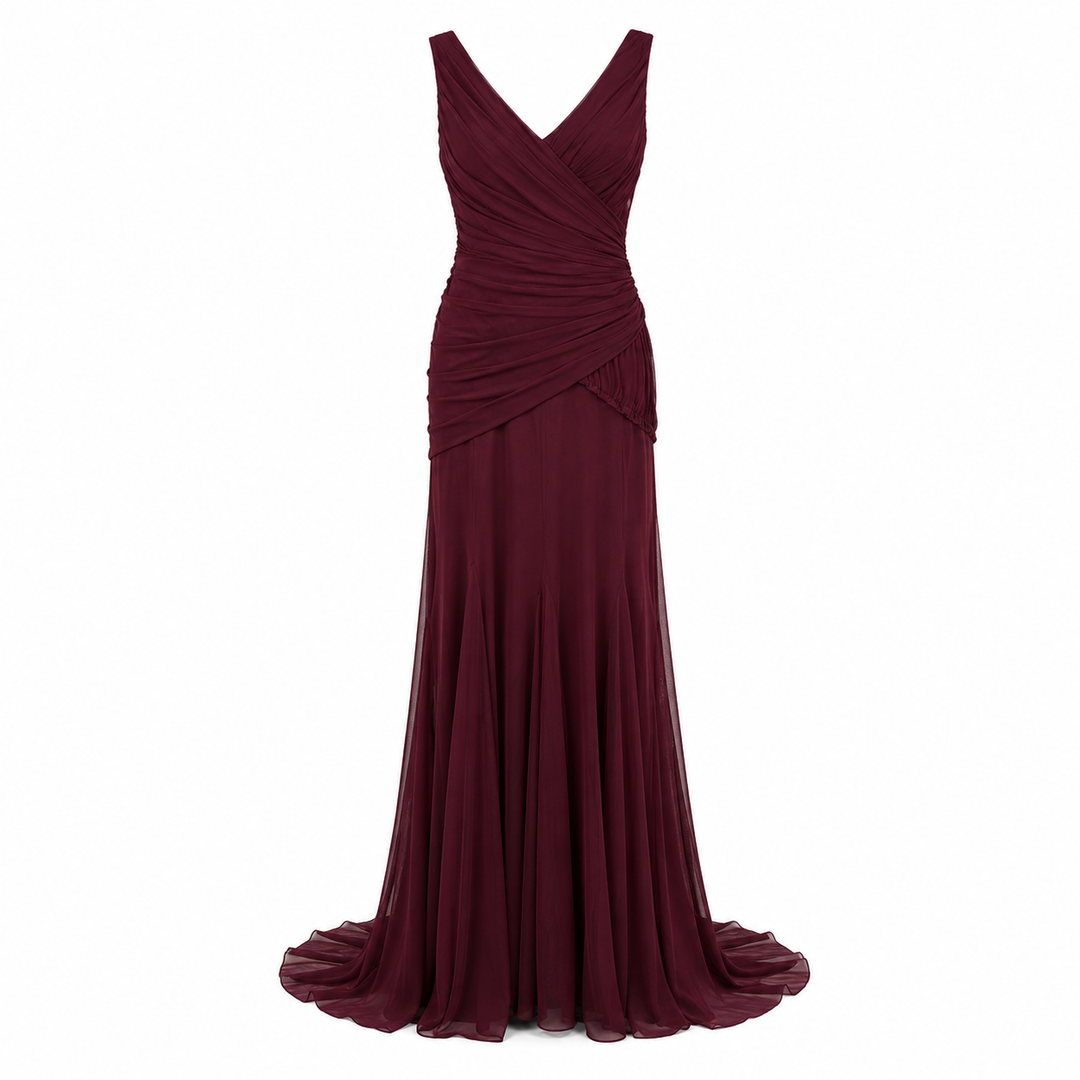 Ruched V-Neck Mermaid Evening Gown - Burgundy
