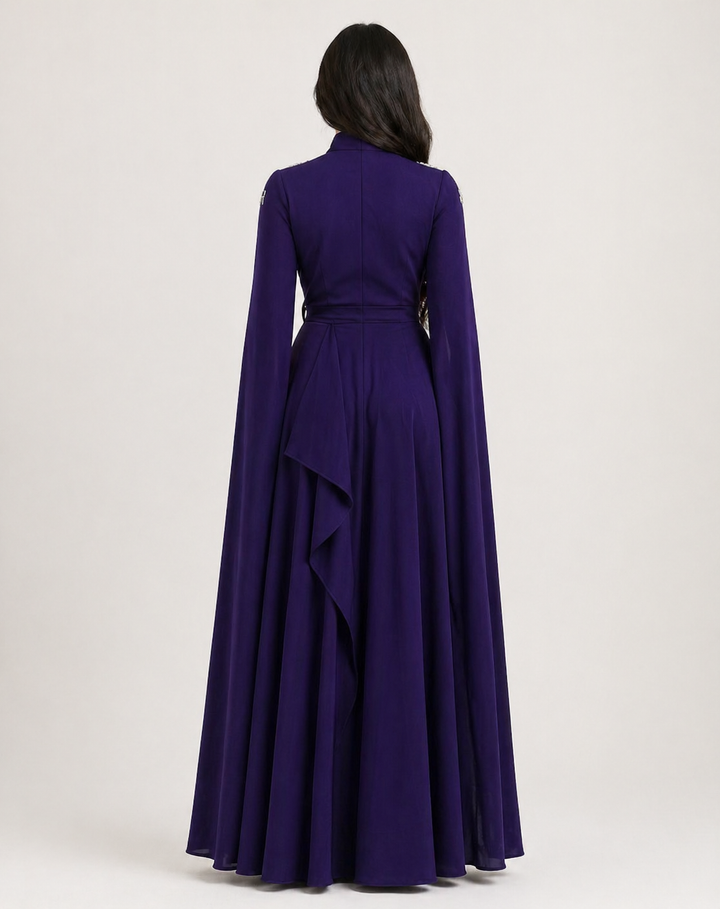 Royal Purple Embellished Jumpsuit with Cape Overlay – VELORA