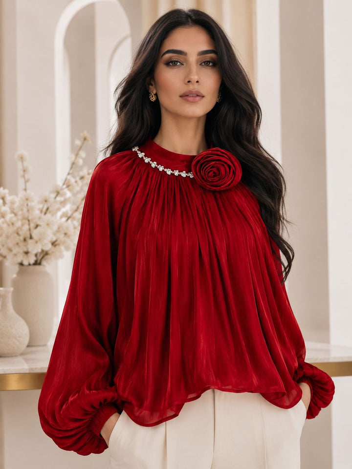 Luxury Rose Detail Satin Blouse - Glamour
